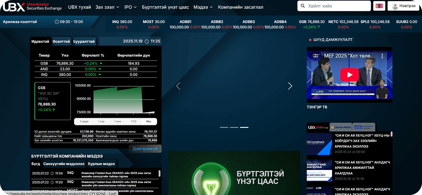 UBX.MN - Securities Exchange project by Hyperfusion LLC: Regulated Securities Exchange Web Platform.